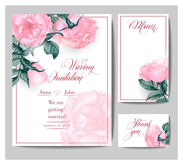 Hochzeitseinladungskarten mit blühenden Rosen (für Bordkarte verwenden, Datum speichern, Dankeschön-Karte.) Vorlagenvektor. — Stockvektor