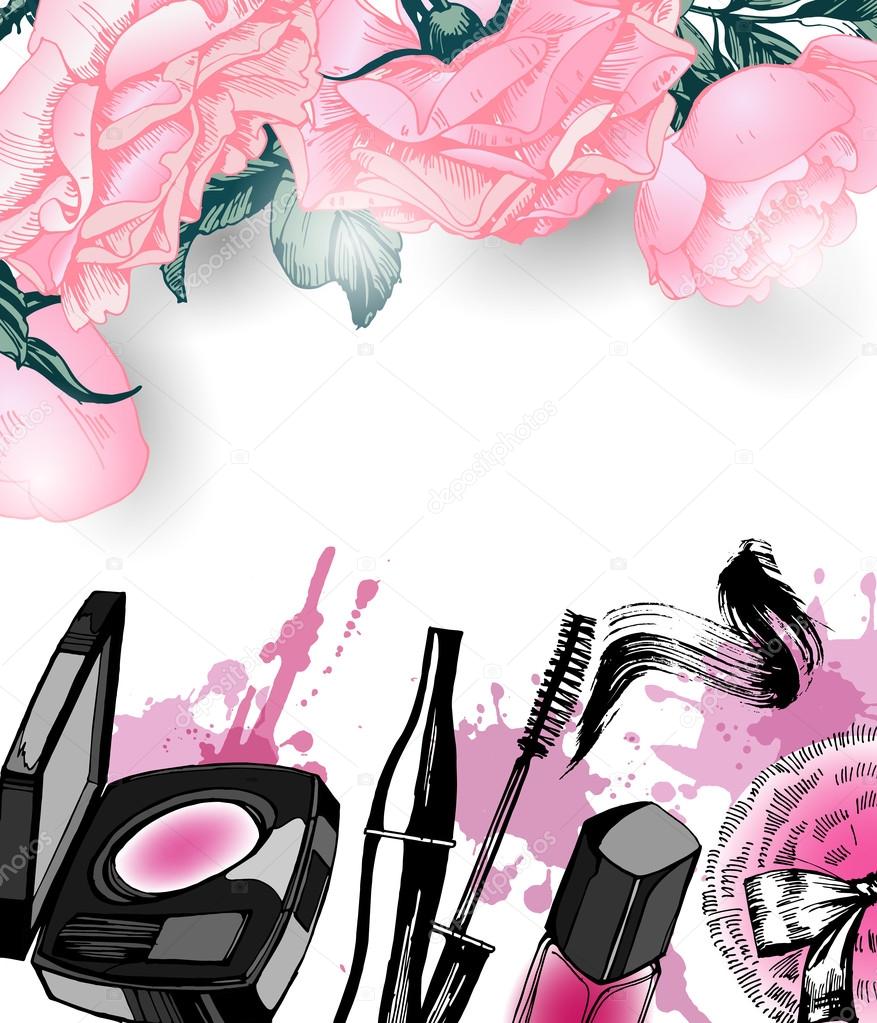 Cosmetics and fashion background with make up artist objects: nail Polish, lip gloss, powder brush, powder puff . Template Vector.