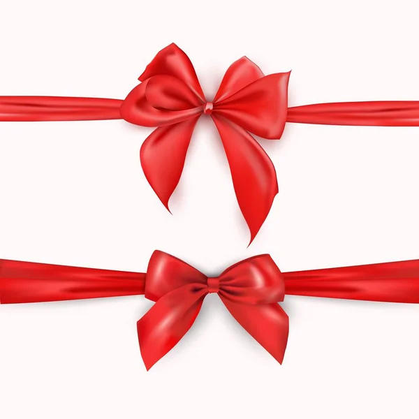 白に隔離された水平レッドリボンと装飾的な赤い弓 ベクトルセットの美しい弓のためのページの装飾 — ストック写真