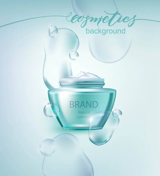 White cosmetic products with Drop of water on cyan background. Beauty and cosmetics background. Use for advertising flyer, banner, leaflet. Template Vector