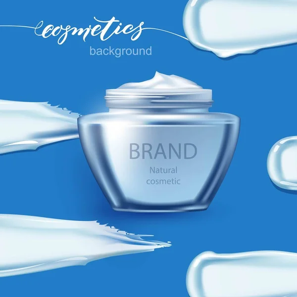 A jar of white cosmetic cream on the background of smears of white cream. Isolated on a blue background.Template Vector Beauty and cosmetics background. Use for advertising flyer, banner, leaflet.