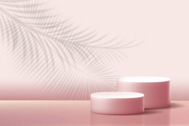 Pembe kaideler. Pembe pastel arka planda palmiye yapraklarının gölgesi. - Evet. Kozmetik ürünlerin modaya uygun soyut tanıtımı.