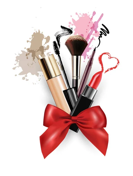 Cosmetics Lipstick Mascara Concealer Red Gift Bow Realistic Detailed Mockup — Stock Photo, Image