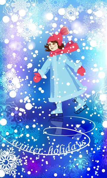 Niña en patines. Fondo de invierno.Vacaciones de invierno. Ilustración — Vector de stock