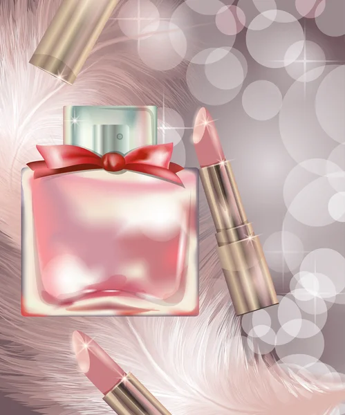 Kosmetiku a módní pozadí s rtěnkou a parfémy — Stockový vektor