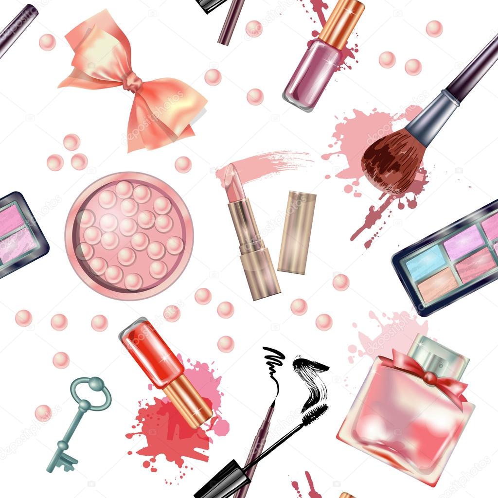 Cosmetics and fashion background and icons