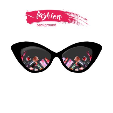 Stylish sunglasses with a reflection of cosmetics