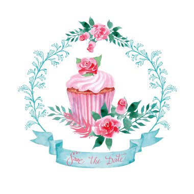 Suluboya kır çiçekleri ve cupcake