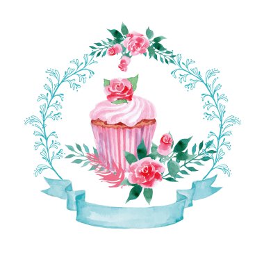 Suluboya kır çiçekleri ve cupcake