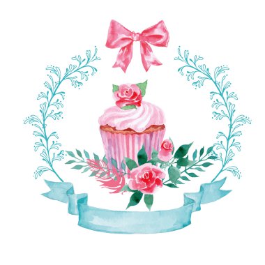 Suluboya kır çiçekleri ve cupcake