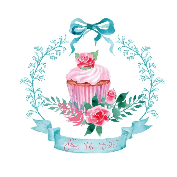 Aquarela flores silvestres e cupcake —  Vetores de Stock