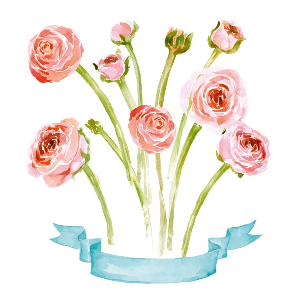 Grußkarte mit Aquarell blühender Rose. Hochzeitseinladungskarte — Stockvektor