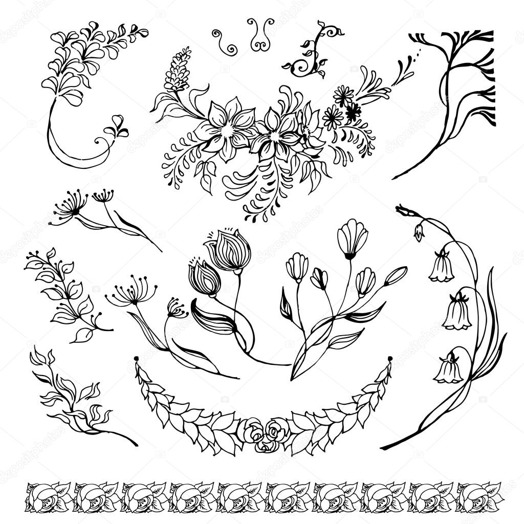 Vintage floral elements. Set of flowers, arrows, icons and decorative elements. Vector illustration.
