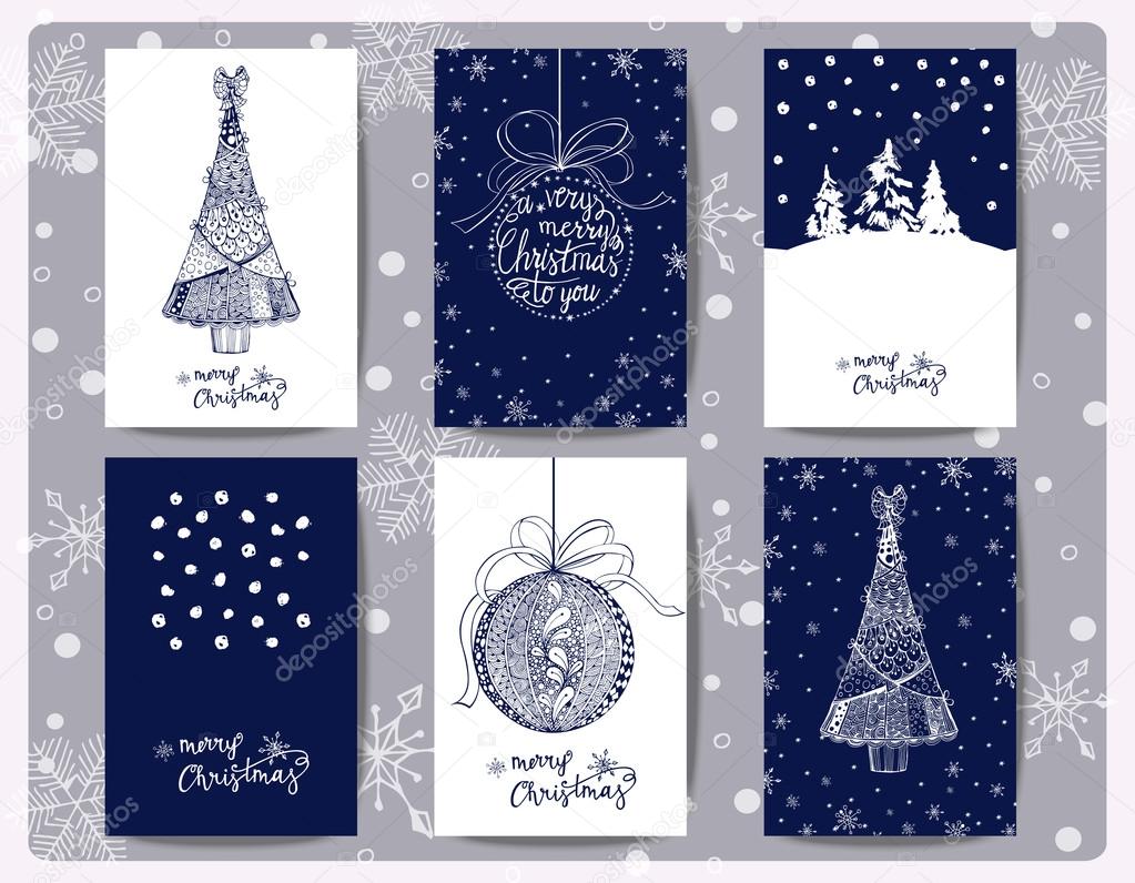 Set Of Christmas And New Year Greeting Cards with Christmas trees, Christmas decorations, Zentangle style. Template Vector