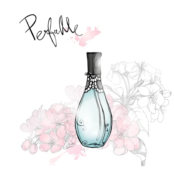 Hermosa botella de perfume con floración — Vector de stock