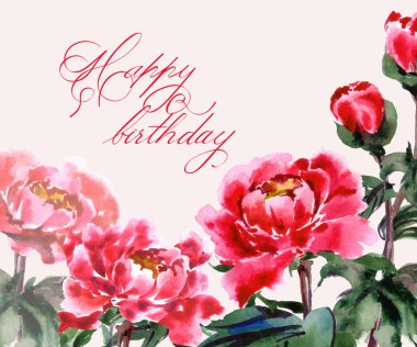 Doğum günü kartı suluboya çiçek açan peonies ile