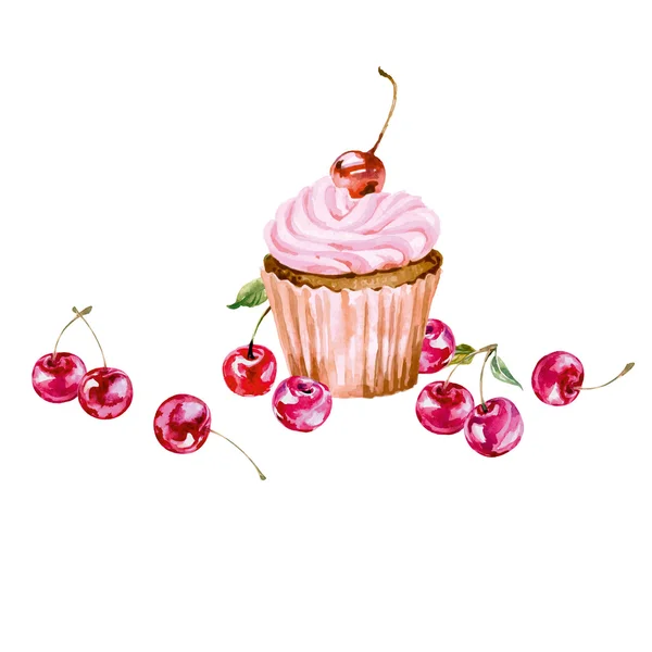 Greeting card with watercolor cupcake and cherries. — Stock Vector