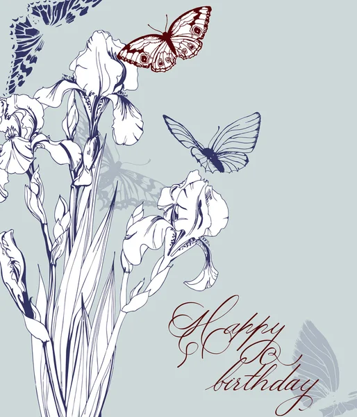 Винтажная открытка ко дню рождения с ирисами и бабочками . — стоковый вектор