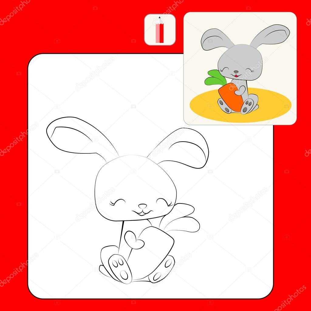 Libro da colorare Libro da colorare con del fumetto Colorare con i conigli grigi triste nuoto per bambini Carota e coniglio felice — Vettoriali di