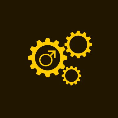 Dişliler ve vektör düz simge simgeler siyah arka plan üzerine izole altın cinsiyeti erkek sembollerin özetliyor. Adam işareti.