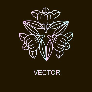 Vektör logo tasarım şablonları ve Amblemler ışık mavi ve pembe degrade renkleri siyah arka planda - çiçek ve doğal kozmetik kavramları ve alternatif tıp sembolleri trendy lineer tarzda