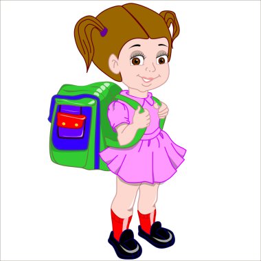  Vektör çizim karikatür. Bir el çantası ve okula yürüyüş kolu ile şirin kahverengi saçlı kız. İzole.