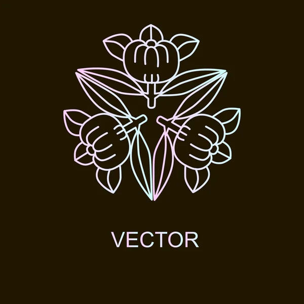 Vektor logo designmallar och emblem i trendiga linjär stil i ljusa blå och rosa tonade färger på svart bakgrund - blommig och naturliga kosmetika begrepp och alternativ medicin symboler — Stock vektor