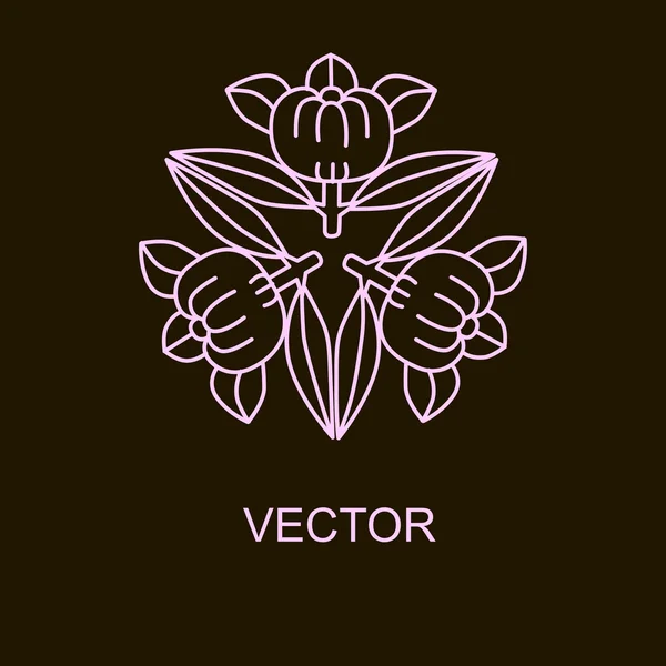 Vektor logo designmallar och emblem i trendiga linjär stil i rosa färger på svart bakgrund - blommig och naturliga kosmetika begrepp och alternativ medicin symboler — Stock vektor