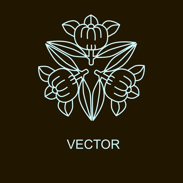Vektor logo designmallar och emblem i trendiga linjär stil i ljusa blå färger på svart bakgrund - blommig och naturliga kosmetika begrepp och alternativ medicin symboler — Stock vektor