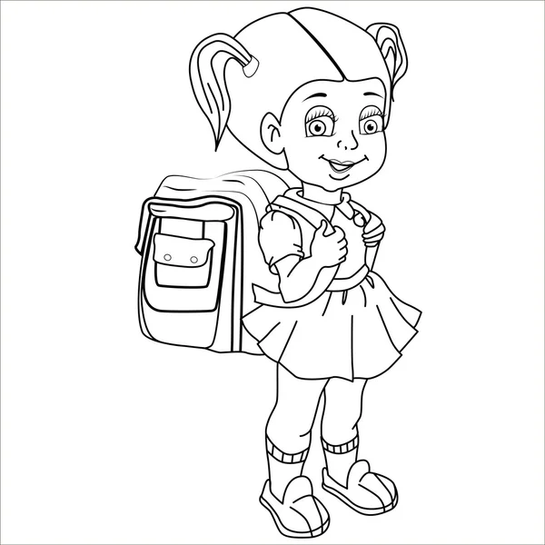 Zeichentrickvektorillustration. Nettes braunhaariges Mädchen mit Schulranzen und Arm auf dem Weg zur Schule. Vereinzelt. schwarz. — Stockvektor