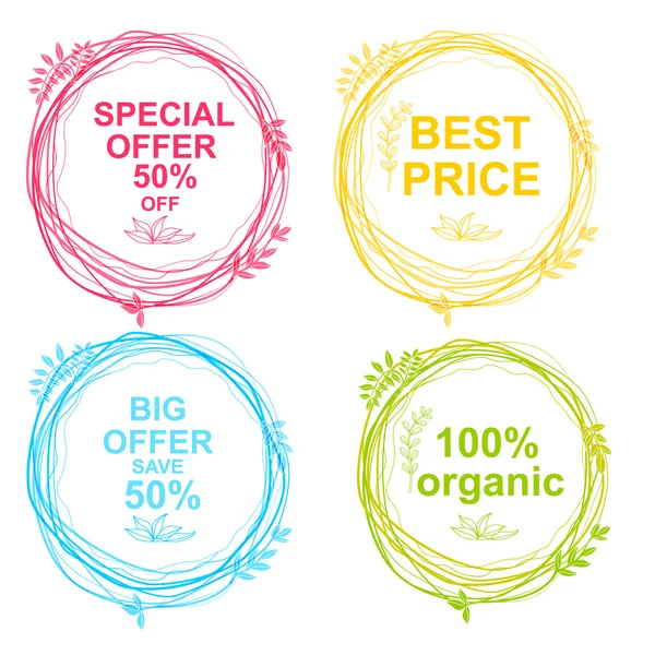 Special Offer, Big Offer & Best Price Marks, Organic. Vector hand drawing label for organic product. Sunny summer splash, sketch elements. Natural food logo element. Sketch food and drink sticker. Farm offer. — Stock Vector