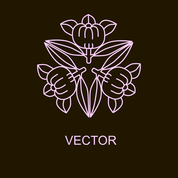 Vector de plantillas de diseño de logotipo y emblemas en estilo lineal de moda en colores rosados sobre fondo negro - conceptos de cosmética floral y natural y símbolos de medicina alternativa Ilustración De Stock