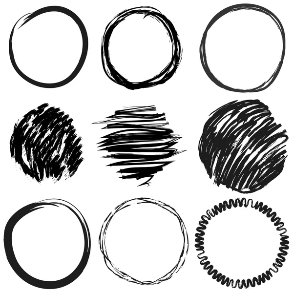 Conjunto de vetores de círculos grunge para quadros, ícones, elementos de design. Um conjunto de círculos rabiscados à mão . — Vetor de Stock