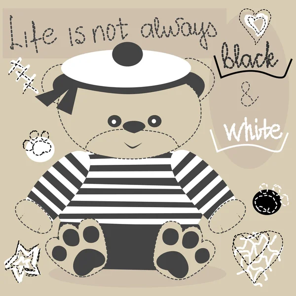 Lindo oso de peluche marinero con pata. Color café. La vida no es siempre letras en blanco y negro, Vector ilustración dibujada a mano . Vectores de stock libres de derechos