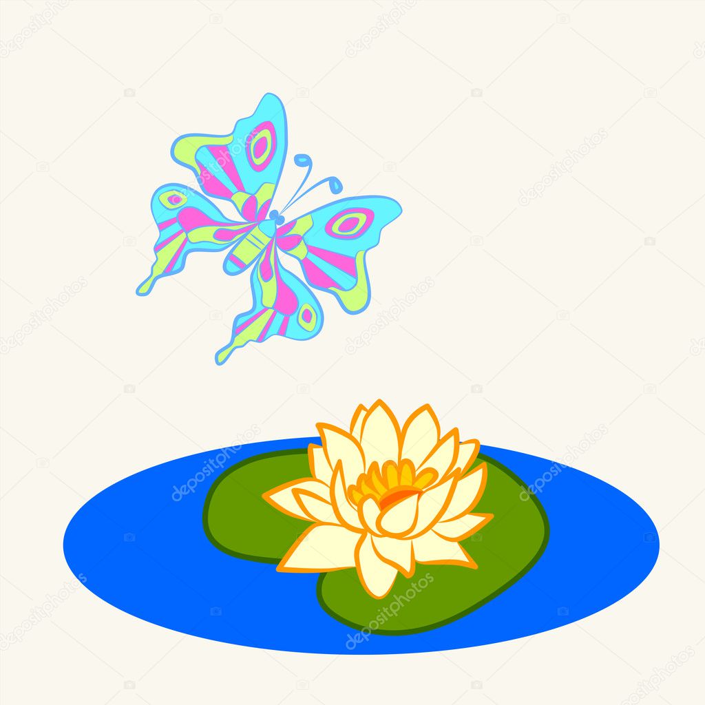 Fun zoo. Cartoon vector Illustration of cute butterfly and water lily