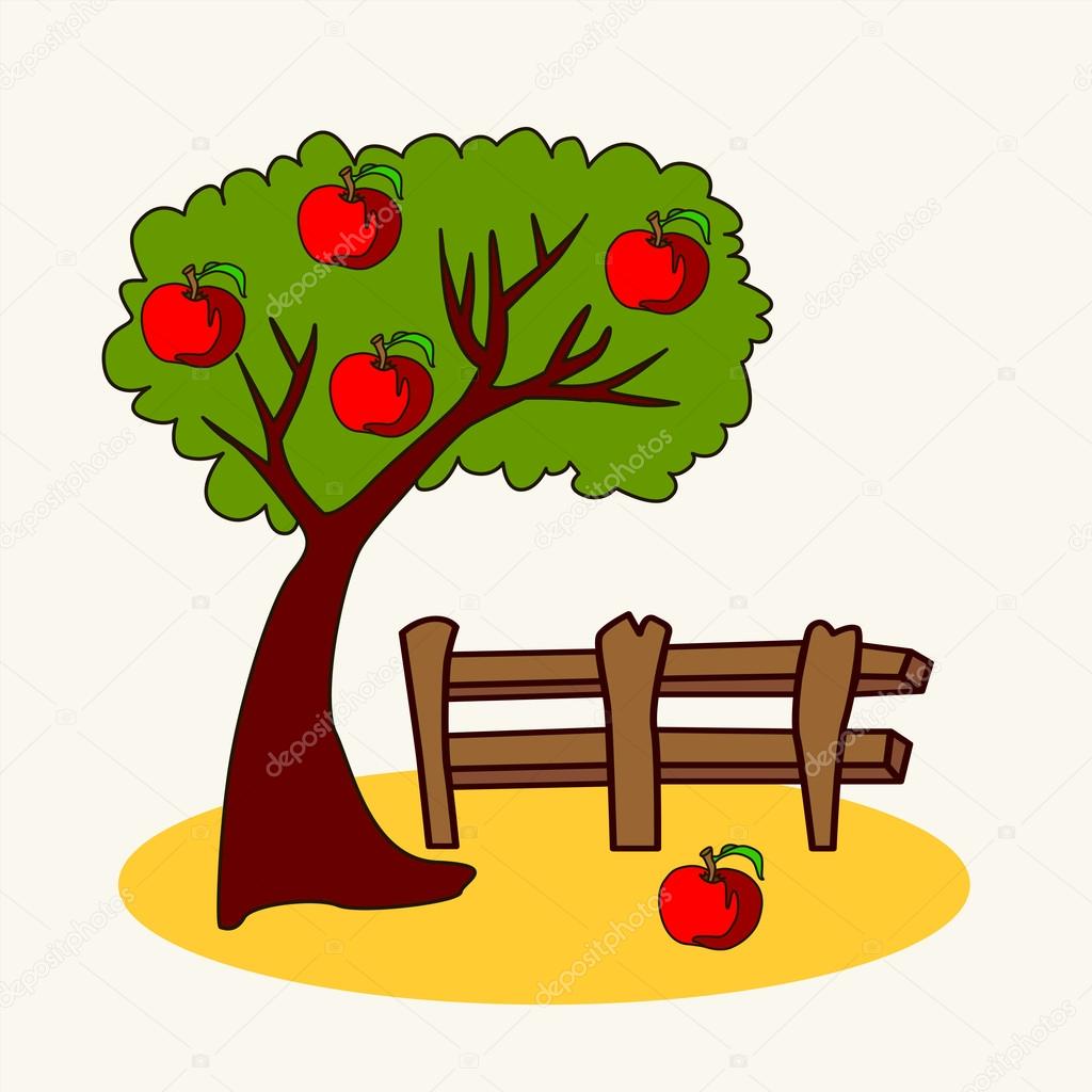 Fun zoo. Cartoon vector Illustration of cute tree with apple