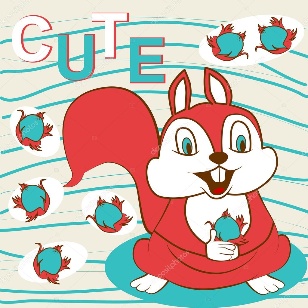 Cute red squirrel and funny nuts. Vector illustration.