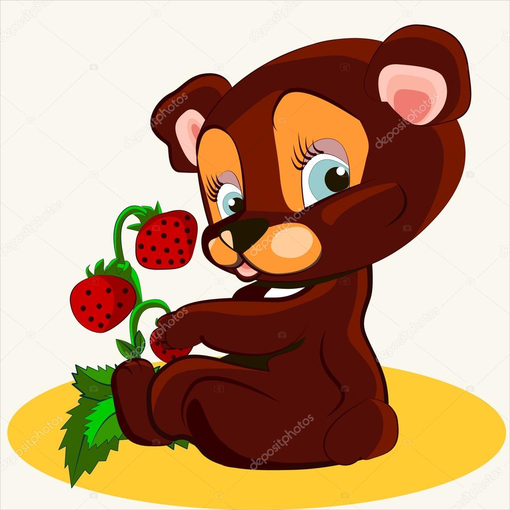 Fun zoo. Cartoon vector Illustration of cute Bear and strawberry