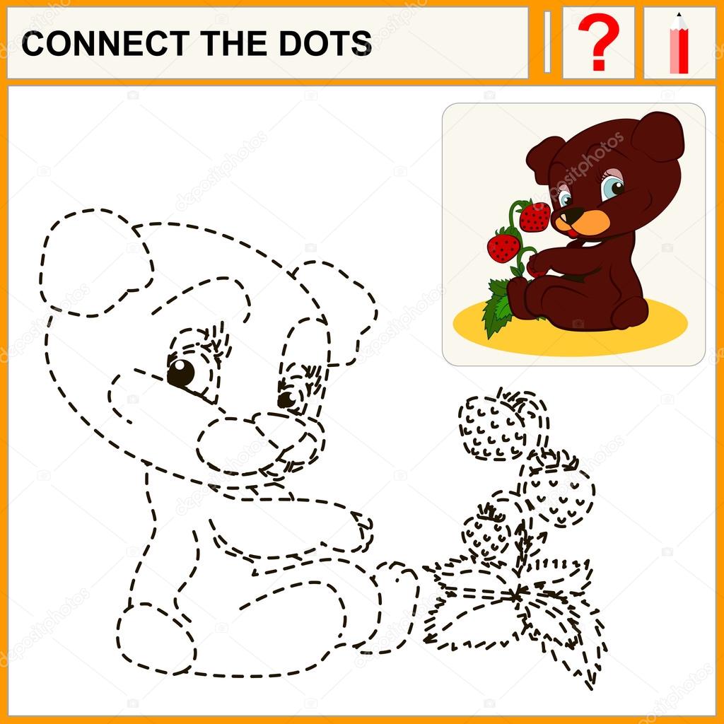 Connect the dots, preschool exercise task for kids, cheerful Bear and strawberry