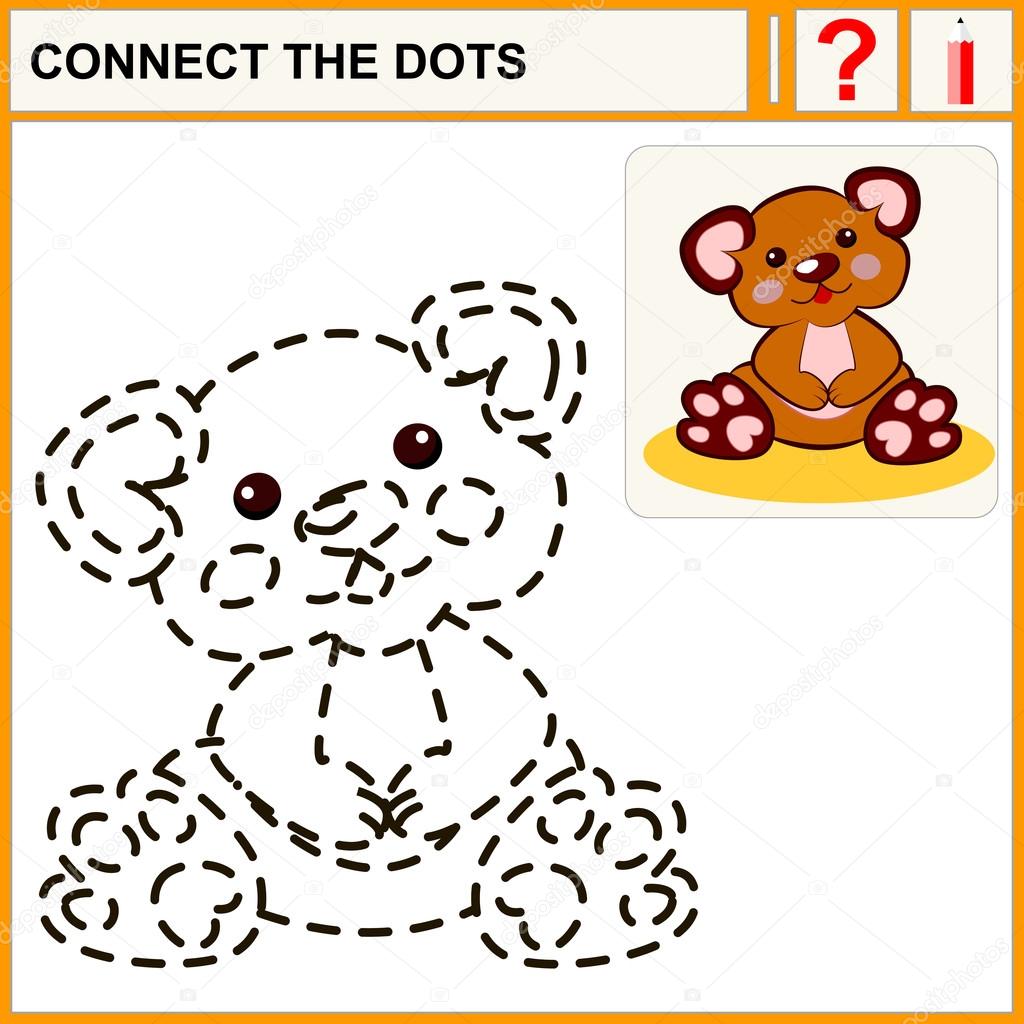 Connect the dots, preschool exercise task for kids, funny plush bear toy