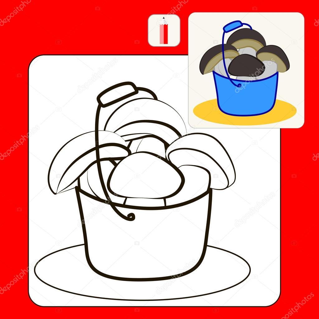 Coloring Book or Page Cartoon Illustration of ceps in blue bucket