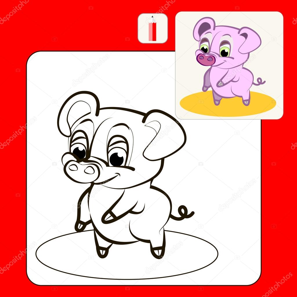 Coloring Book or Page Cartoon Illustration of  funny pink pig