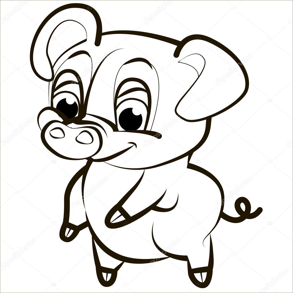 Vector isolated illustration, cute cartoon of funny pink pig. Black.