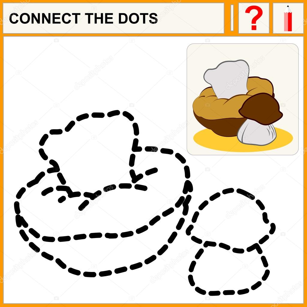Connect the dots, preschool exercise task for kids, cute edible mushrooms. Ceps