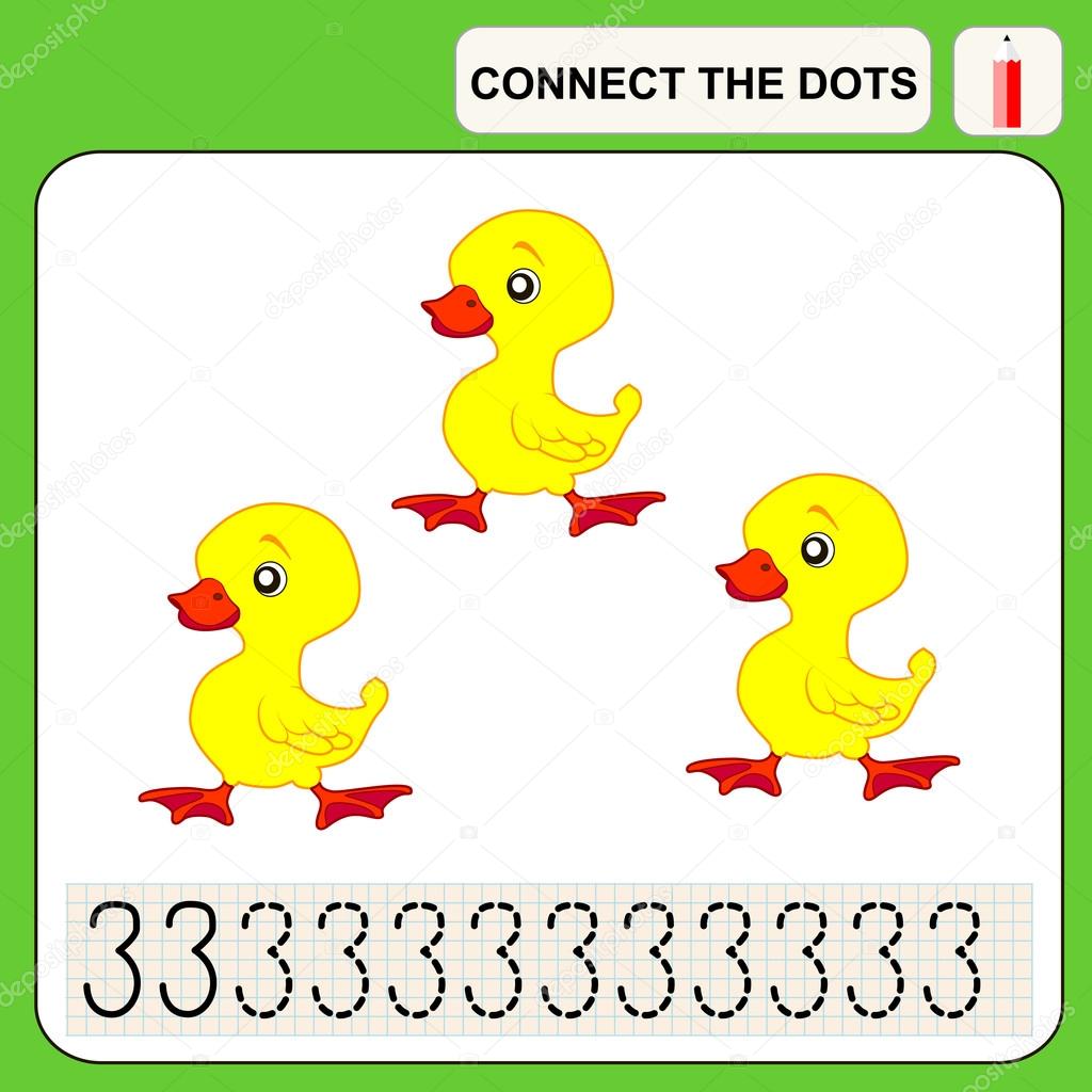 Connect the dots, preschool exercise task for kids, numbers three
