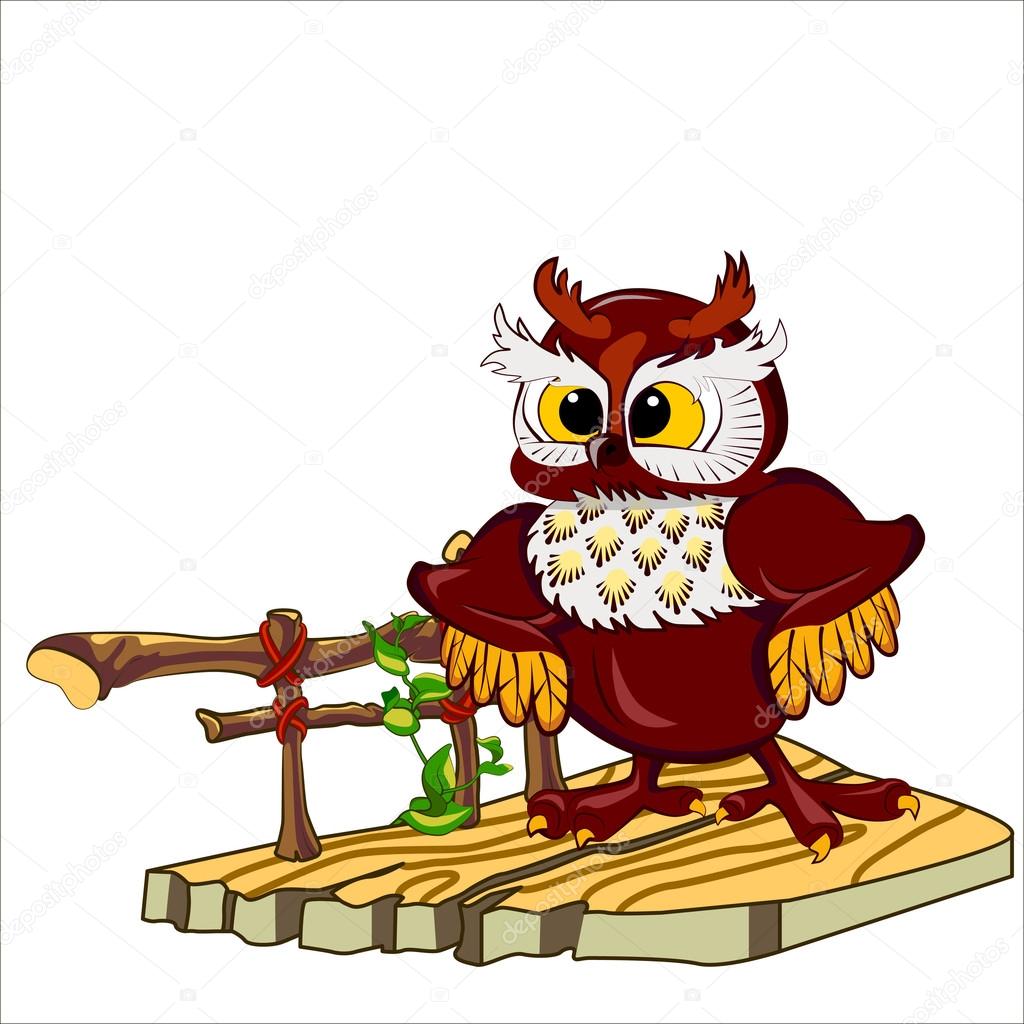 Vector isolated illustration of cute owl with fluffy ears. Standing on the porc
