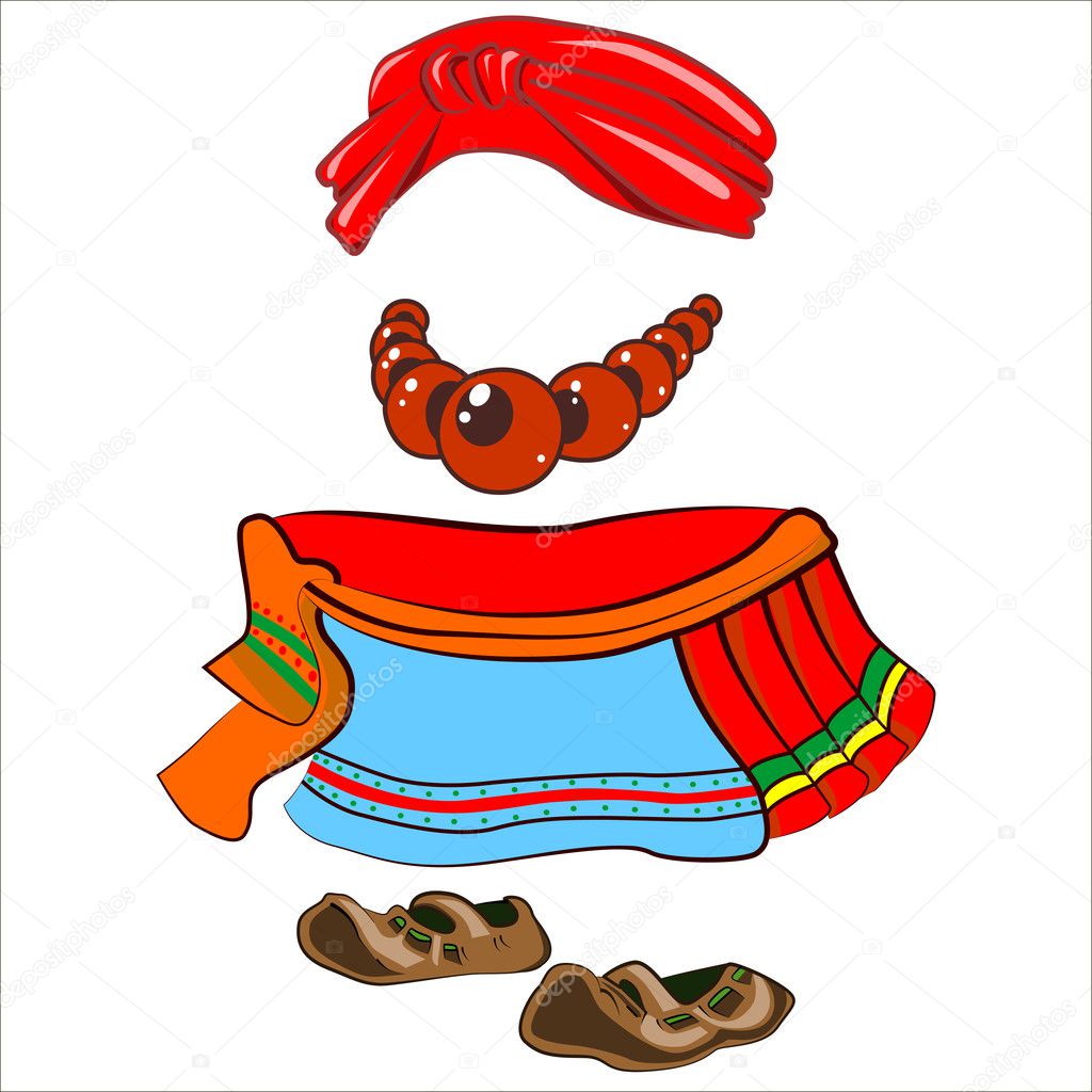 Vector isolated illustration. Parts woman traditional old costume.
