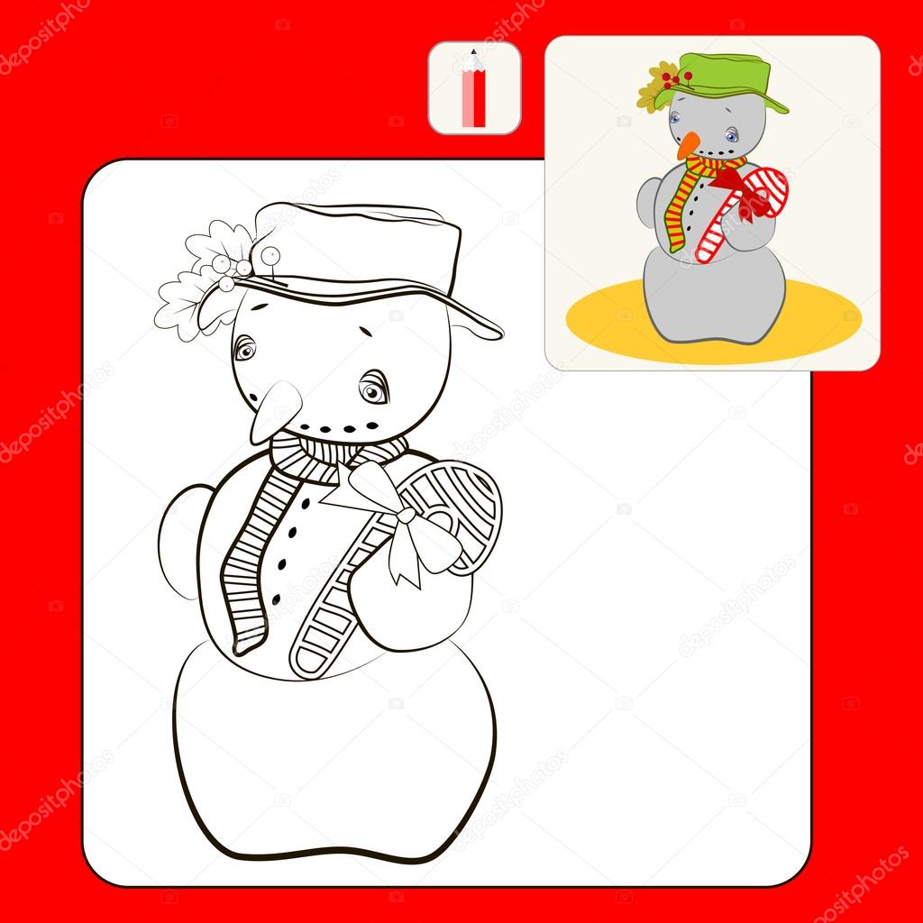 Coloring Book or Page Cartoon Illustration of snowman for Children