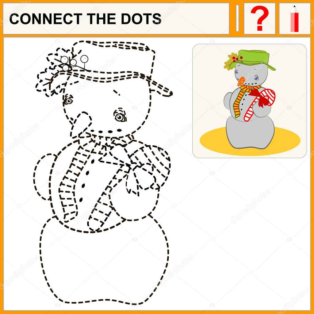 Connect the dots, preschool exercise task for kids, cheerful snowman