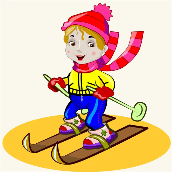 Cartoon vector Illustration of cute funny little sports girl on skiing — Stock Vector